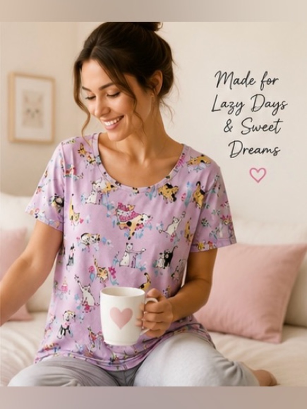 Sleep Sense Cat Print Pajama Top Pink Purple L NWT